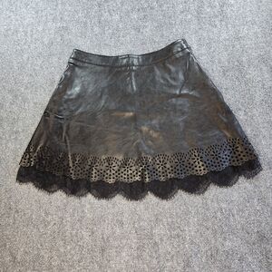 Black Faux Leather Mini Skirt Floral Cutout Hem Womens M Edgy Boho